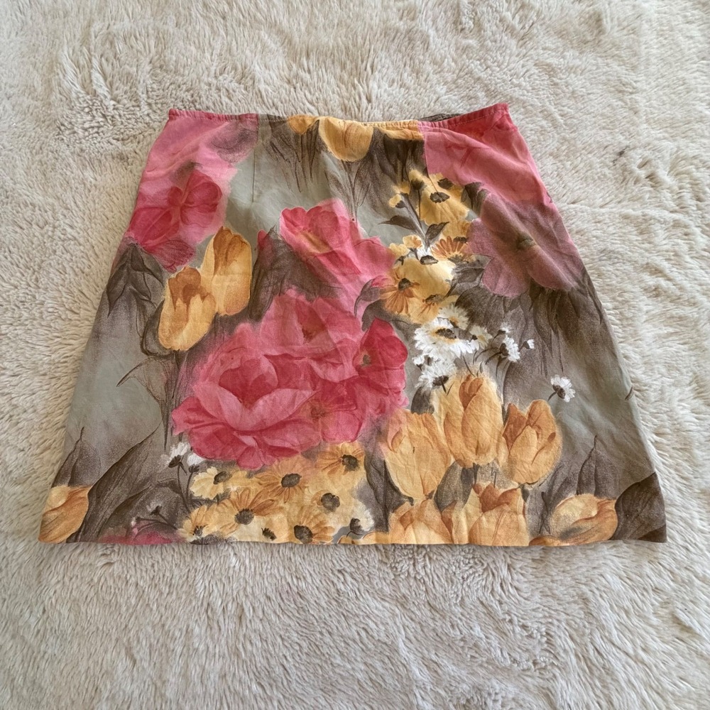 90s Vintage Express Floral Rayon Mini Skirt Size 11/12 Pink Yellow Green USA